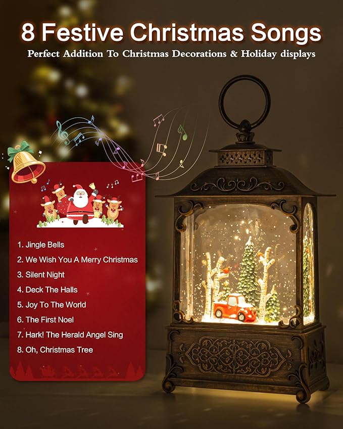 Christmas Snow Globes Light up Snowglobes Christmas Lantern with 8 Songs, 10.43" Christmas Snow Globes for kids adults, 6H Timer & Dual Power, Lighted Christmas Decorations Indoor, Gifts for Women Men