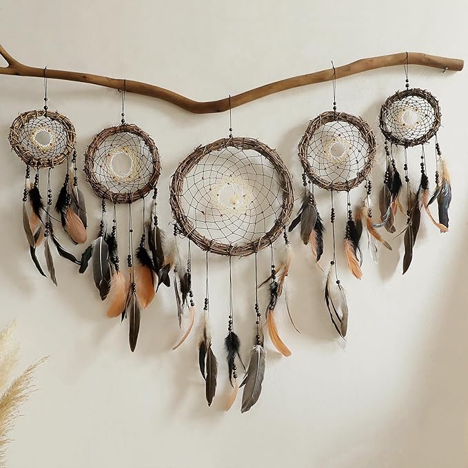5 Pack Boho Dream Catcher Native American Wall Art Set, Handmade Natural Rattan Feathers Large Dreamcatcher Rustic Hanging Ornament Indian Wall Decor for Bedroom Adult