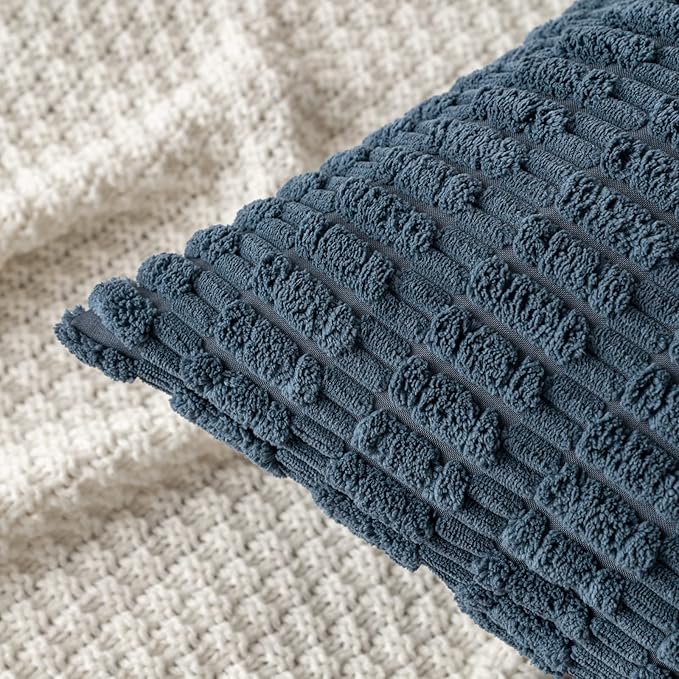 MIULEE Pack of 2 Corduroy Decorative Lumbar Throw Pillow Covers 20x12 Inch Soft Boho Striped Pillow Covers Modern Farmhouse Home Decor for Summer Coastal Sofa Living Room Couch Bed Blue