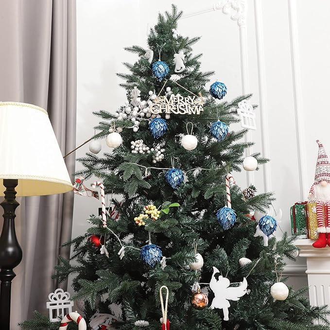 Jetec 8 Pieces Christmas Ornaments Glitter Christmas Tree Hanging Decoration Decorative Artificial Pine Cones Flowers Hanging Ornaments for Winter Wreath Holiday Decor(Blue)