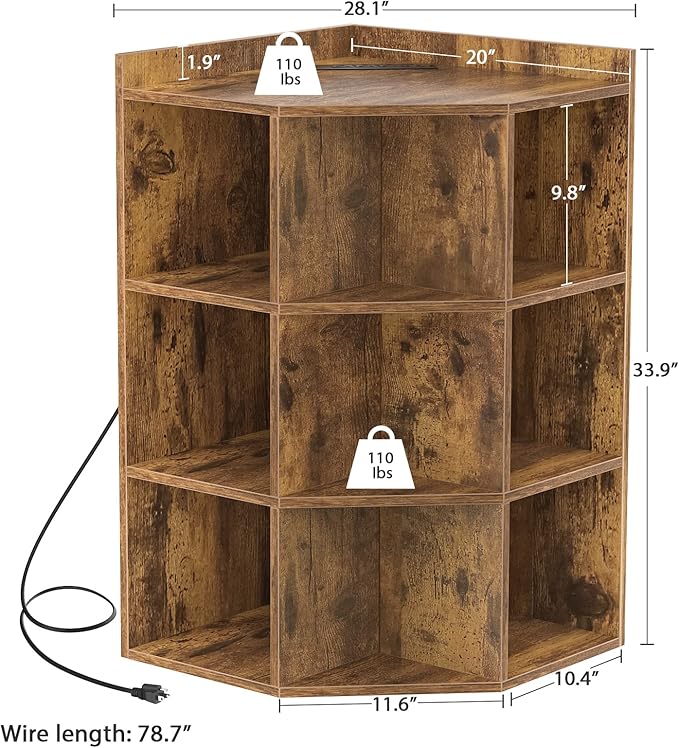 Aheaplus Corner Cabinet, Corner Storage with USB Ports and Outlets, Corners Cube Toy Storage for Small Space, Wooden Corners Bookshelf with 9 Cubes for Playroom, Bedroom, Living Room, Rustic Brown