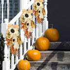 Thiccywoov 2-Pack Fall Teardrop Swags 20‘' Harvest Teardrop Decoration with Mixed Pumpkins, Sunflowers, Berries & Rustic Burlap Bows, Autumn Wreath for Front Door Home Decor(Fall)