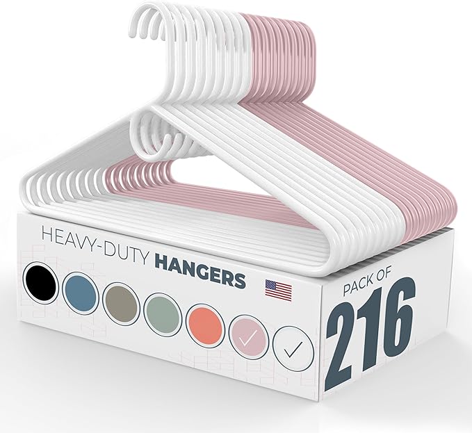 Neaties Heavy Duty Clothes Hangers 100+ Pack (216 Count) – Made in the USA – 8lb Capacity Plastic Hangers for Adult Clothing – Durable for Pants, Coats, Jackets, or Jeans – White & Pink