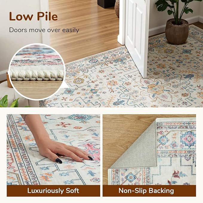 Lessymo Area Rugs 8x10 for Living Room, Soft Non-Slip Washable Rug for Bedroom Dining Home Office Nursery Room, Vintage Floral Large Carpet, Boho Colorful Pastel Farmhouse Decor, Multi/Ivory