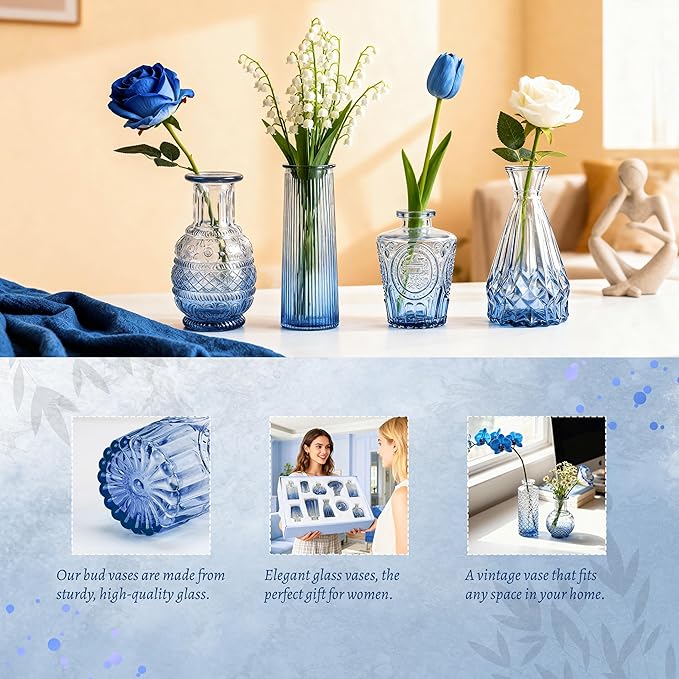Der Rose Blue Glass Bud Vases Set of 20, Small Bud Vases for Flowers, Rustic Wedding Centerpieces and Home Decor