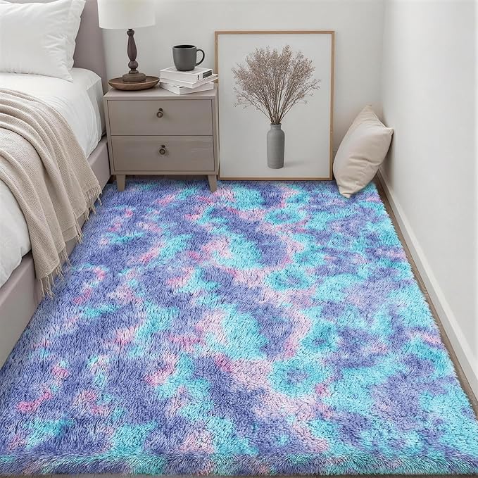6x9 Area Rugs for Living Room Bedroom: Ultra Soft Fluffy Shag Rug Upgrade Non-Slip Non-Shedding Large Fuzzy Plush Carpet Indoor Floor Carpets for Kids Room Playroom Nursery Dorms Home Rainbow Purple