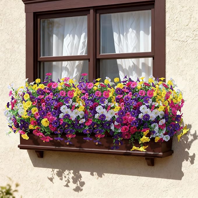 Ivydale 24 Bundles Artificial Flowers for Outdoors Faux Plants Spring Outdoor Decoration Faux Silk Morning Glory with Eucalyptus Realistic UV Resistant for Outside Porch Patio Window Garden Yard Home