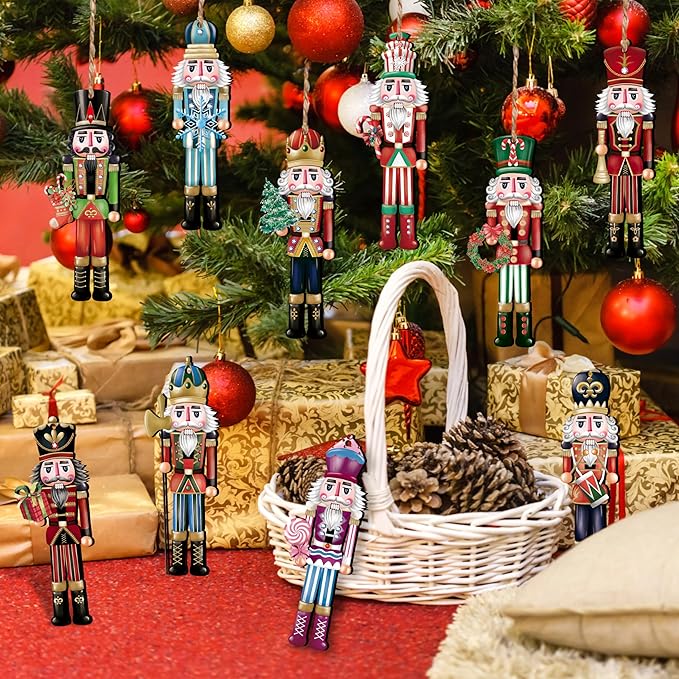 24 Pieces Christmas Nutcracker Wooden Ornaments, Wood Hanging Decoration Set for Christmas Tree Hanging 2D Printed Wood Crafts Holiday Decor Xmas Party Supplies (Xmas-Nutcracker-A)