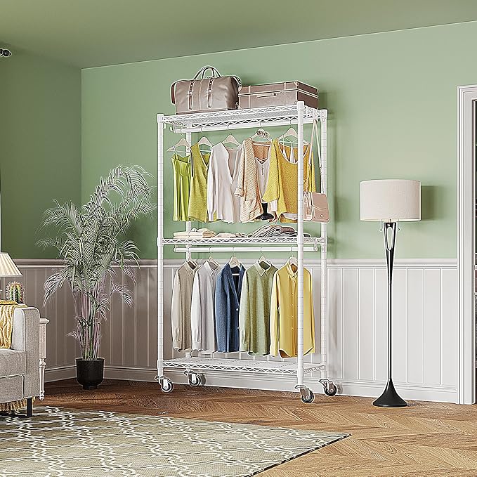 Rolling Clothing Rack for Hanging Clothes H2 Heavy Duty Garment Rack with Wheels Metal Adjustable Shelves & Double Hanging Rods Portable Closet for Bedroom, White Coat Rack