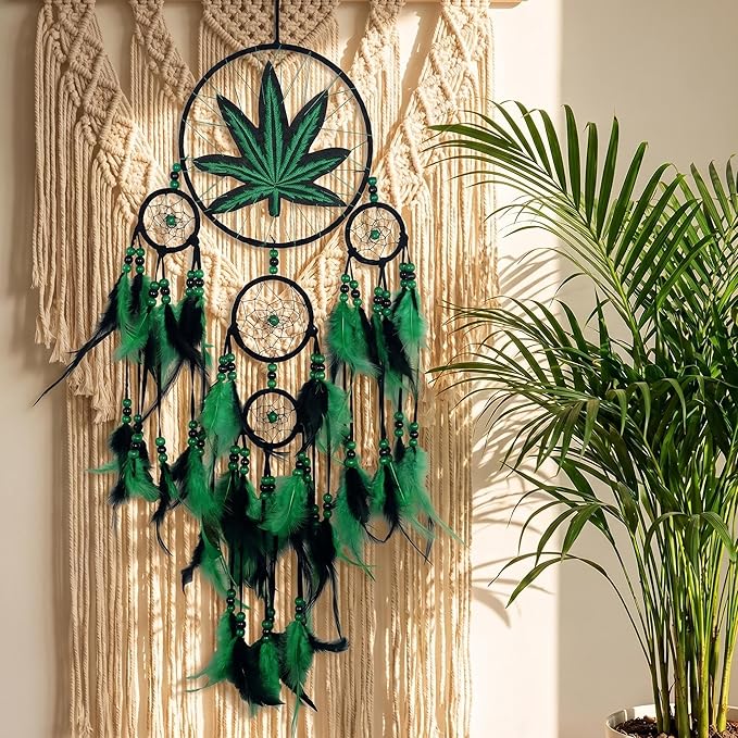 Green Leaf Weed Dream Catcher Wall Hanging Decor Bedroom Adult Living Room Home Bohemian Decorations (5 Rings)