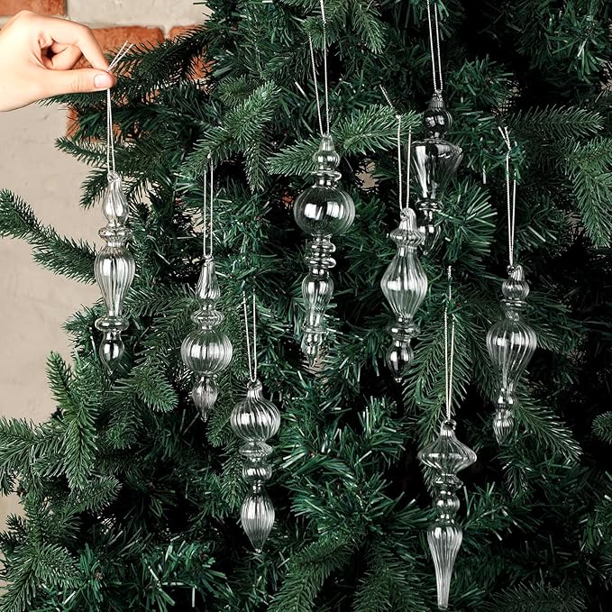 Mifoci 8 Pcs 6 Inch Mercury Glass Finial Christmas Ornaments Hanging Christmas Finials Glass Ornaments Assorted Mercury Decor for Vintage Holiday Xmas Tree Decoration(Clear)