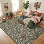 GarveeHome Dark Green Vintage Floral Washable 6x9 Area Rugs for Living Room Boho Botanical Retro Rug Low Pile Stain Resistance Non Slip Carpet for Bedroom Nursery Dining Room