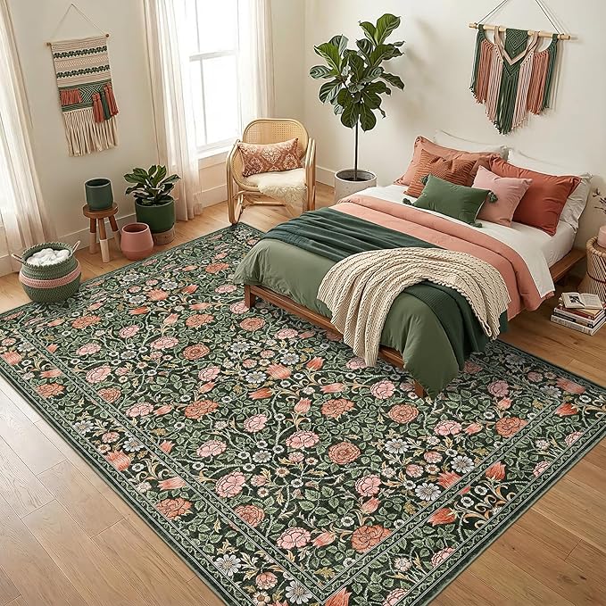 GarveeHome Dark Green Vintage Floral Washable 6x9 Area Rugs for Living Room Boho Botanical Retro Rug Low Pile Stain Resistance Non Slip Carpet for Bedroom Nursery Dining Room