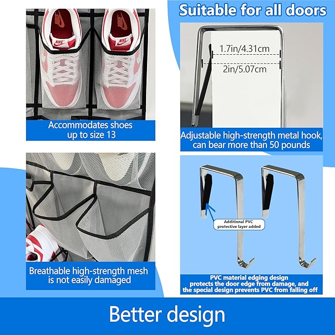 over the door shoe organizer,2025 upgraded,shoe organizer,35 Huge pockets,over door shoe organizer,Store size 13 shoes,shoe organizer,Strong material,hooks Suitable for various doors,Grey/black