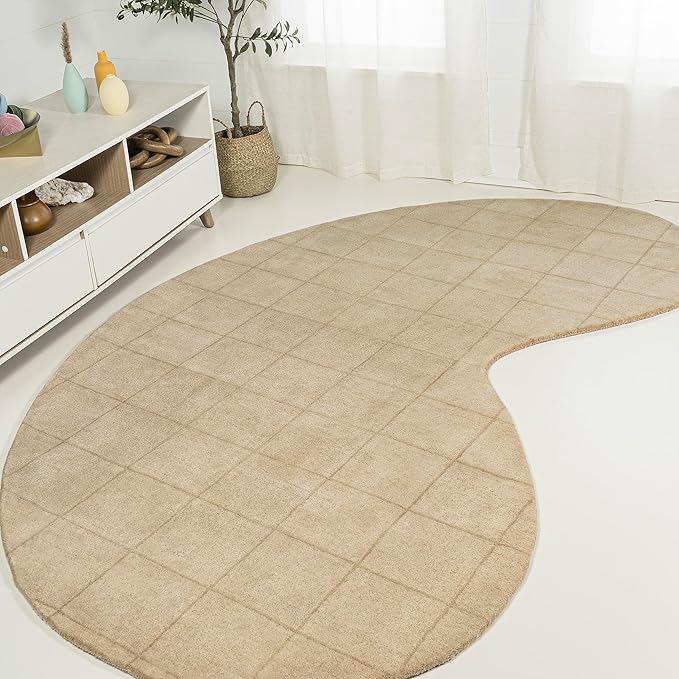 JONATHAN Y Bean Grid Handwoven Wool Beige/Light Brown Shaped Indoor Area Rug, 5x8, Modern, Plaid, Easy-Cleaning for Living Room, Bedroom, Kitchen, Pet Friendly, Non-Shedding (GST104A-5)
