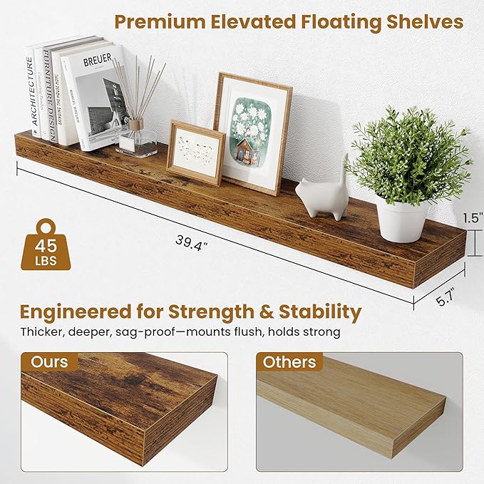 Fun Memories 40 Inch Floating Shelves, Long Wood Wall Shelf Set of 2 with Invisible Brackets, for Bathroom, Living Room, Bedroom, Kitchen, Rustic Brown