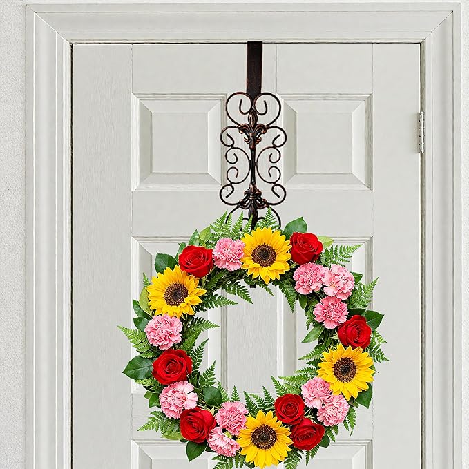 2 PCS Wreath Hangers for Front Door 15.5" Wreath Hook Over The Door, Decorative Scroll and Fleur De lis Wreath Holder,Antique Copper
