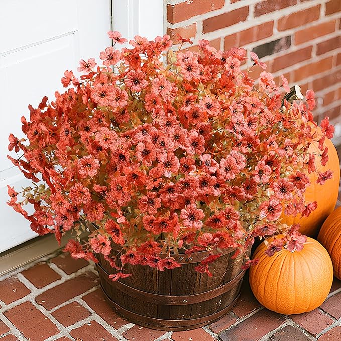 Artificial Fall Flowers Fake Mums for Outdoor Autumn Decoration, 12 Bundles Faux Silk Orange Yellow Mums Daisy Look Real UV Resistant for Outside Home Porch Patio Planter