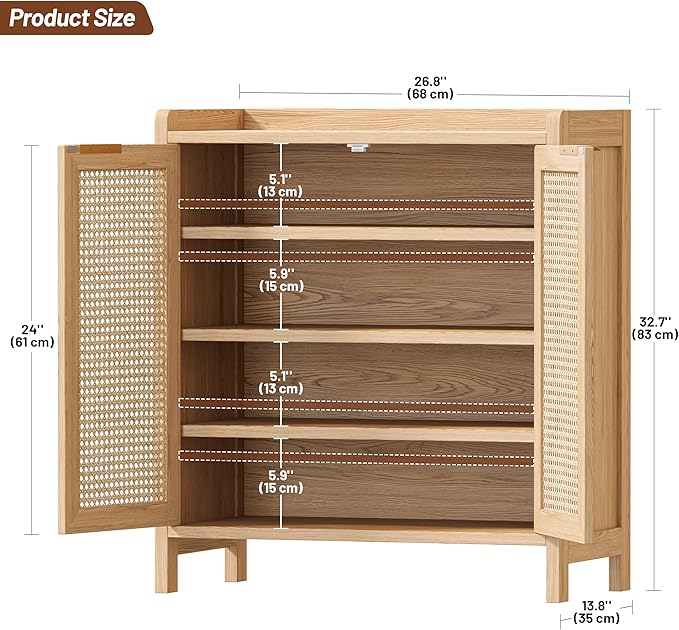 Rattan Shoe Storage Cabinet, 5-Tier Shoe Cabinet for Entryway, Wooden Shoe Rack Organizer with Doors and Adjustable Shelves, for Entryway, Hallway, Living Room, Natural Oak