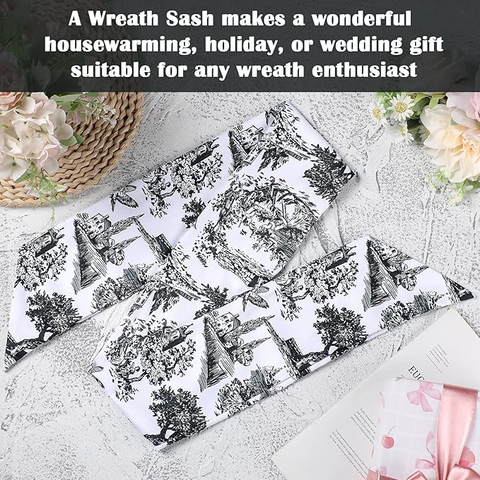 Black Wreath Sash for Front Door - 2 Pcs Dark French Toile Sashes for Wreaths Home Decor, Rustic Wreath Sash for Embroidery Monogram Farmhouse Yard