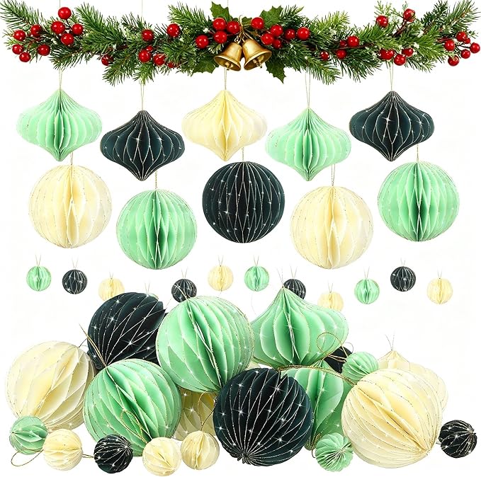 TecUnite 50 Pcs Christmas Paper Honeycomb Ornaments for Tree Vintage 3D Mini Glitter Edge Paper Christmas Ornament Honeycomb Tree Hanging Neutral Boho Holiday Xmas Party Decoration(White, Green)