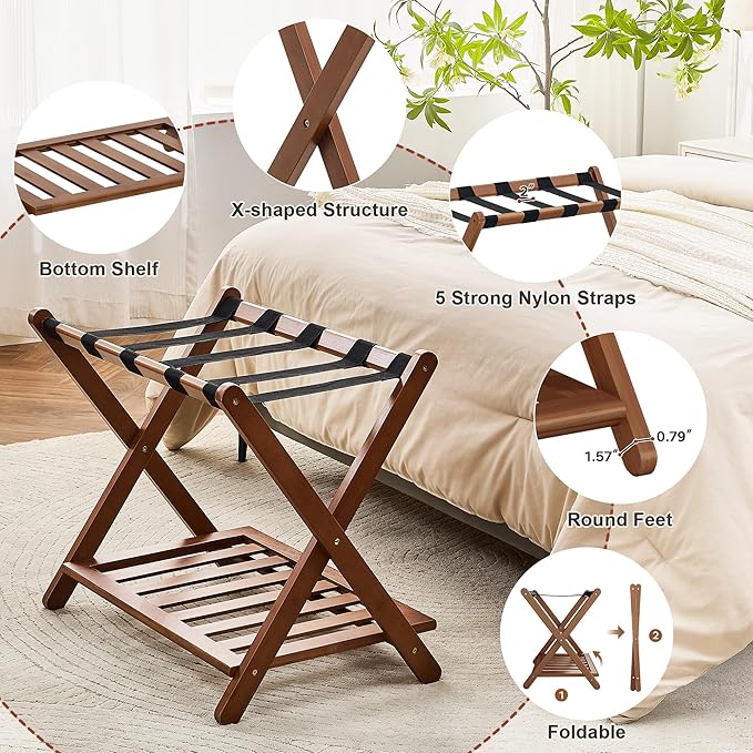 Fully Assembled Luggage Rack, Walnut Luggage Rack for Guest Room, Bamboo Folding Suitcase Stand with Storage Shelf, 5 Nylon Straps, Heavy Duty Luggage Holder for Bedroom Hotel, 1 Pack