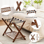 Fully Assembled Luggage Rack, Walnut Luggage Rack for Guest Room, Bamboo Folding Suitcase Stand with Storage Shelf, 5 Nylon Straps, Heavy Duty Luggage Holder for Bedroom Hotel, 1 Pack