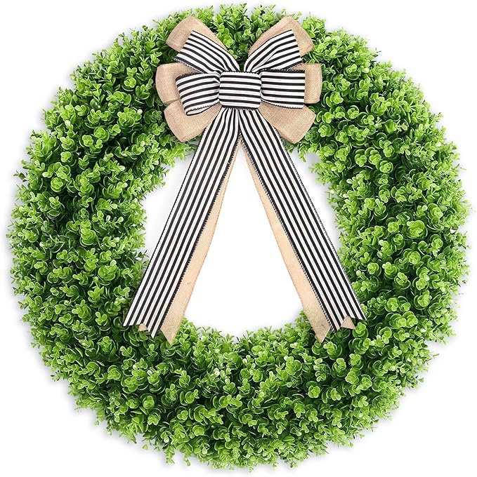 32'' Boxwood Wreath Artificial Spring Summer Wreath All Year Round, Foldable Faux Large Boxwood Wreaths for Front Door Farmhouse Wedding Indoor Outdoor(with Bow)