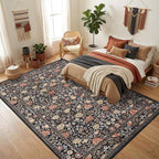 GarveeHome Brown Vintage Floral Washable 6x9 Area Rugs for Living Room Black Boho Botanical Retro Rug Low Pile Non Slip Carpet for Bedroom Nursery Dining Room