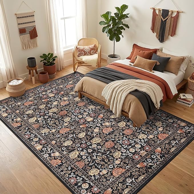 GarveeHome Brown Vintage Floral Washable 8x10 Area Rugs for Living Room Black Boho Botanical Retro Rug Low Pile Stain Resistance Non Slip Carpet for Bedroom Nursery Dining Room