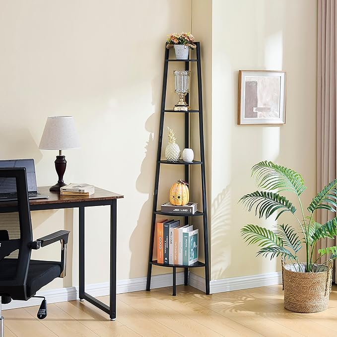 Hoctieon Corner Shelf, 5-Tier Corner Bookshelf, Rustic Ladder Shelf, Industrial Display Stand for Living Room, Kitchen, Home Office, Balcony, Small Space, Metal Frame, Black