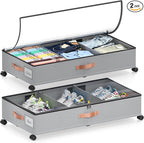 Under Bed Storage with Wheels, 2 Pack Under Bed Storage Containers with Dividers & Clear Lids, Under the bed storage Organizer Bins,Underbed Storage with Wheels for Clothes,Toys,Shoes (GREY)