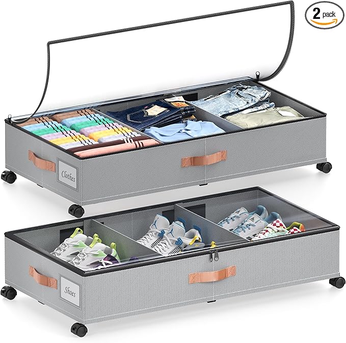 Under Bed Storage with Wheels, 2 Pack Under Bed Storage Containers with Dividers & Clear Lids, Under the bed storage Organizer Bins,Underbed Storage with Wheels for Clothes,Toys,Shoes (GREY)