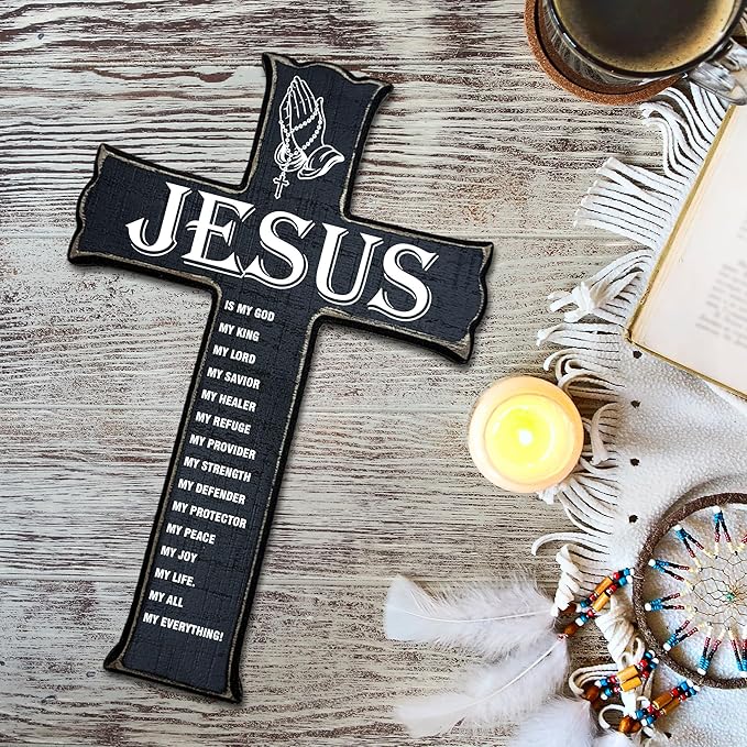 Cross Wall Decor - Black Scripture Wooden Cross For Wall - Gothic Wooden Hanging Signs Christian Easter Decor for Home Office Church Baptism - Christian Gifts for Men Women (Jesus) - A08