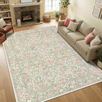 GarveeHome Pink and Green Vintage Floral Washable Rugs 8x10 for Living Room Boho Retro Botanical Rug Low Pile Stain Resistance Non Slip Carpet for Bedroom Nursery Dining Room