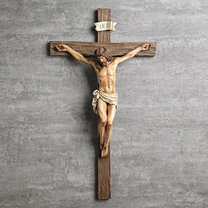 BC Catholic Crucifix Wall Cross, 20.75"H Large Jesus Christ Inspirtional Home Décor, Devout Gift, Renaissance Sculpture Handmade by Buildclassic