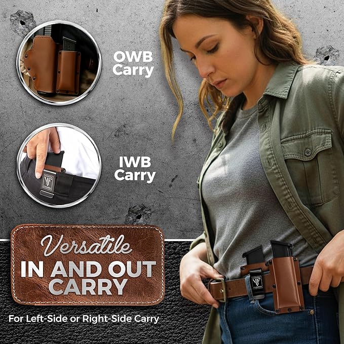 Buffalo Leather Magazine Holder - IWB/OWB Convertible - Right/Left Handed for Men and Women - Premium Mag Belt Pouch - Compatible with Glock & Sig