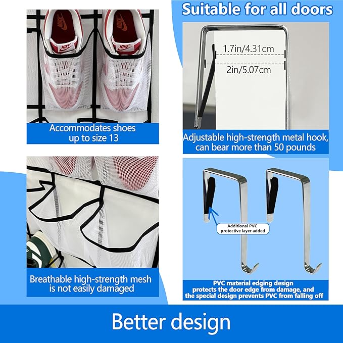over the door shoe organizer,2025 upgraded,shoe organizer,35 Huge pockets,over door shoe organizer,Store size 13 shoes,shoe organizer,Strong material,hooks Suitable for various doors,White/black