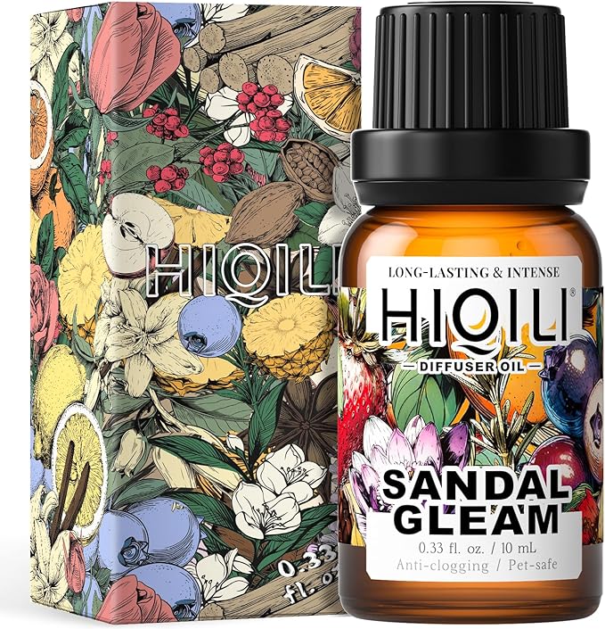HIQILI Sandal Gleam Diffuser Oil for Ultrasonic Diffusers & Humidifiers, Water Soluble Fragrance Oil, Relaxing Aromatherapy, Long-Lasting Home Air Freshener - 0.34 Fl Oz