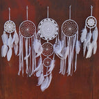 5 Pcs White Jute Crochet Dream Catchers Set, Handmade Bohemian Wall Decor with Feather Tassels – for Bedroom, Living Room, Nursery, Wedding & Boho Home Decoration(White)