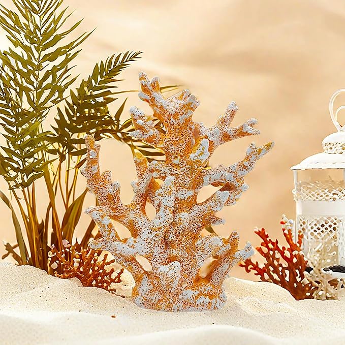 Etlemonde Beach Coastal Decor Coral Reef Home Decor Coral Statue Sculpture Home,Desk,Bathroom,Desktop Shelf Statue,Marine Themed Gifts (Golden Orange Coral)