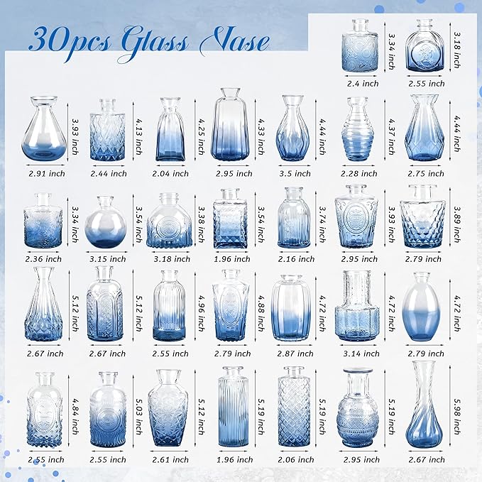 Der Rose Blue Glass Bud Vases Set of 30, Small Bud Vases for Flowers, Rustic Wedding Centerpieces and Home Decor