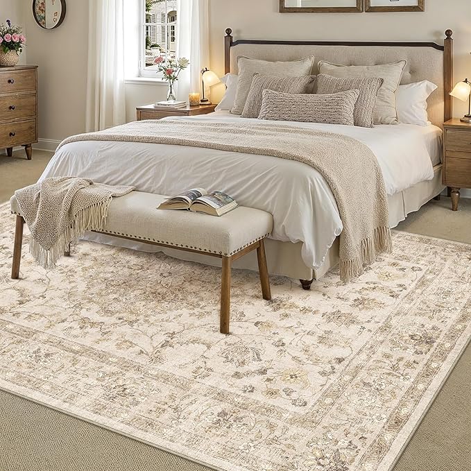 6x9 Beige Area Rug Washable Living Room Vintage Carpet Bedroom Distressed Large Non Slip Low Pile Thin Dining Room Office Medallion Accent Throw Rug