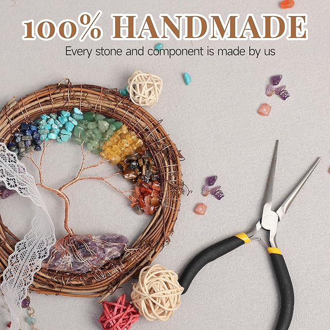 Dream Catcher - Dreamsum 7 Chakra Tree of Life Dream Catcher Native Boho Dreamcatcher Rattan Wall Decor, Handmade Natural Rattan Brown Crystal Hanging Decor for Bedroom Living Room (Dark Brown)
