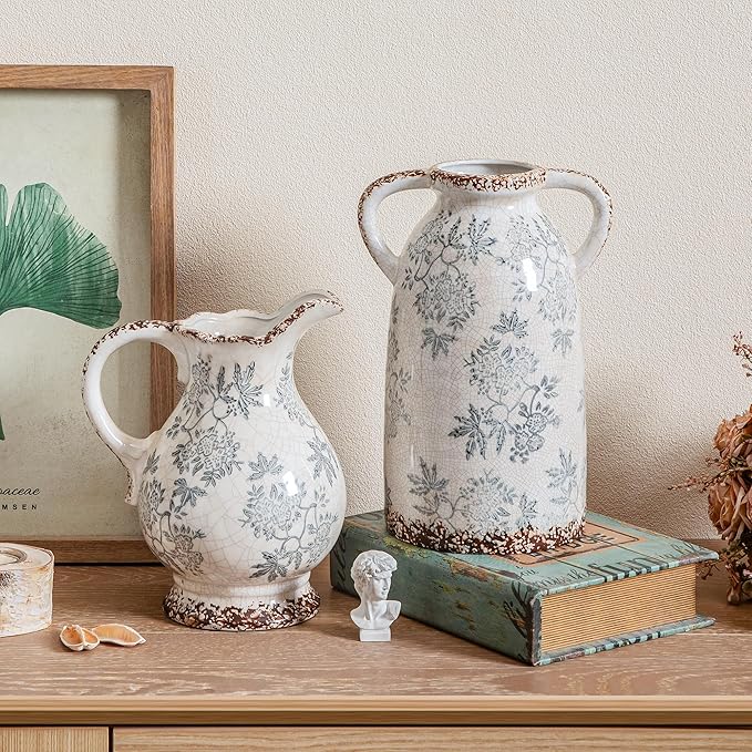 Enra Tall Vintage Blue and White Ceramic Vase with Handle, 11.2 Inch Chinoiserie Decorative Floral Vase, Large Rustic Ceramic Vase for Living Room, Office, Bookshelf, Home Decor