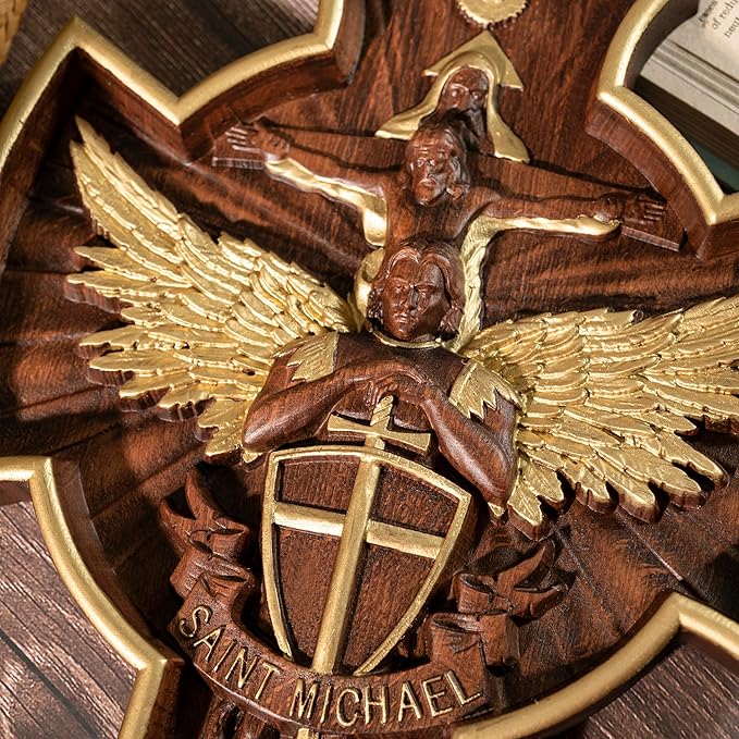 BGCOPPER Saint Michael Cross Wall Decor, Wooden Holy Trinity Crucifix Wall Cross, Jesus Cross for Wall Hanging Christmas Gift (10 Inch)