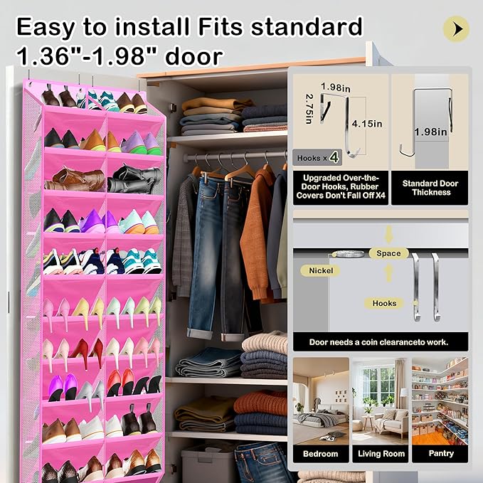 10-Tier Over the Door Shoe Organizer, 20 Pockets Holds 20-30 Pairs, Heavy-Duty Oxford Fabric with Hexagon Mesh for Boots & Sneakers- Pink