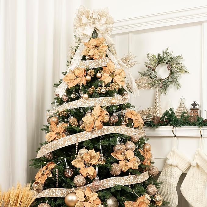 SLK 16-Pack Artificial Glitter Berry Stem Ornaments, Christmas Decorative Glittery Twigs, Picks, Branches for Tree, Wreath, Small Vase, Halloween Party (Champagne Gold)