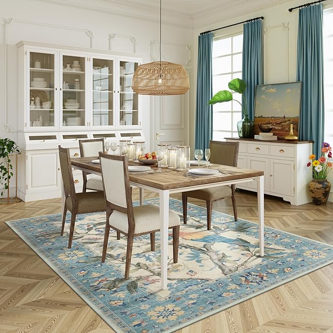 Lahome Botanical Birds Blue Washable Rugs 8x10 for Living Room, Soft Non Slip Dining Room Rugs for Under Table, Large Boho Vintage Indoor Floor Carpet for Bedroom Home Office (8x10ft,Blue)