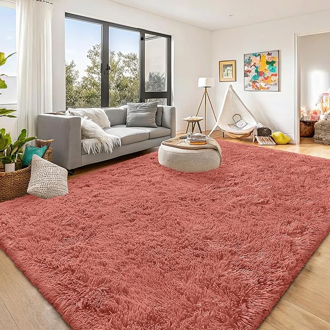 OLANLY 9x12 Machine Washable Large Area Rugs for Living Room, Bedroom, Soft Fluffy Shaggy Bedside Rug, Indoor Floor Carpet for Kids Girls and Boys, Dorms, Nursery, Home Decor, Rust Red
